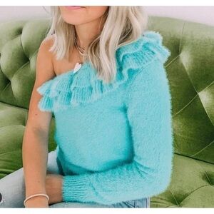 DO + BE Sz S Aqua Turquoise One Shoulder Fuzzy Ruffled Sweater NWT NEW